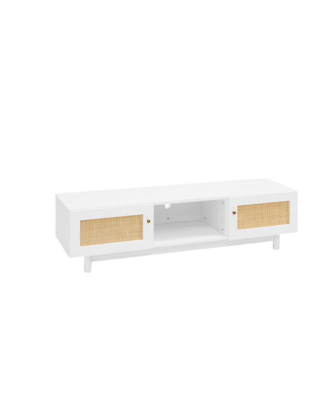 TV-Möbel aus Massivholz und Rattan mit 2 Türen in Weiß im Maß von 150x40 cm
