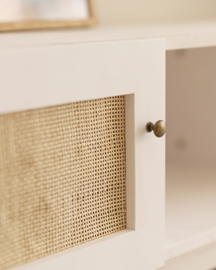 TV-Möbel aus Massivholz und Rattan mit 2 Türen in Weiß im Maß von 150x40 cm