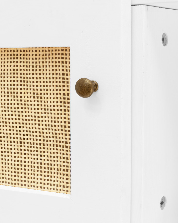 TV-Möbel aus Massivholz und Rattan mit 2 Türen in Weiß im Maß von 150x40 cm
