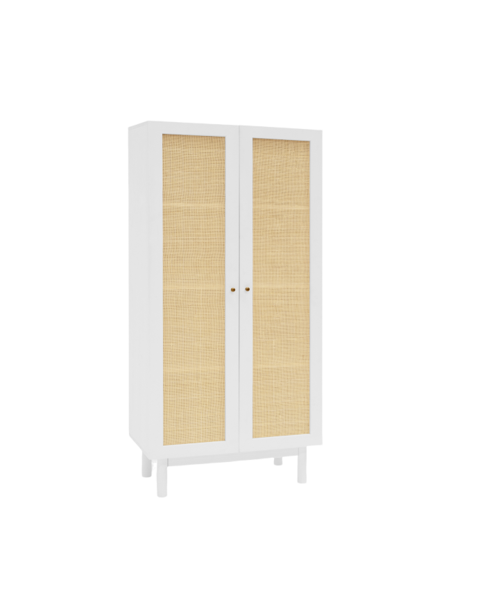 Massiver Holzschrank mit Rattan-Kern in Weiß, Maße 180x80cm
