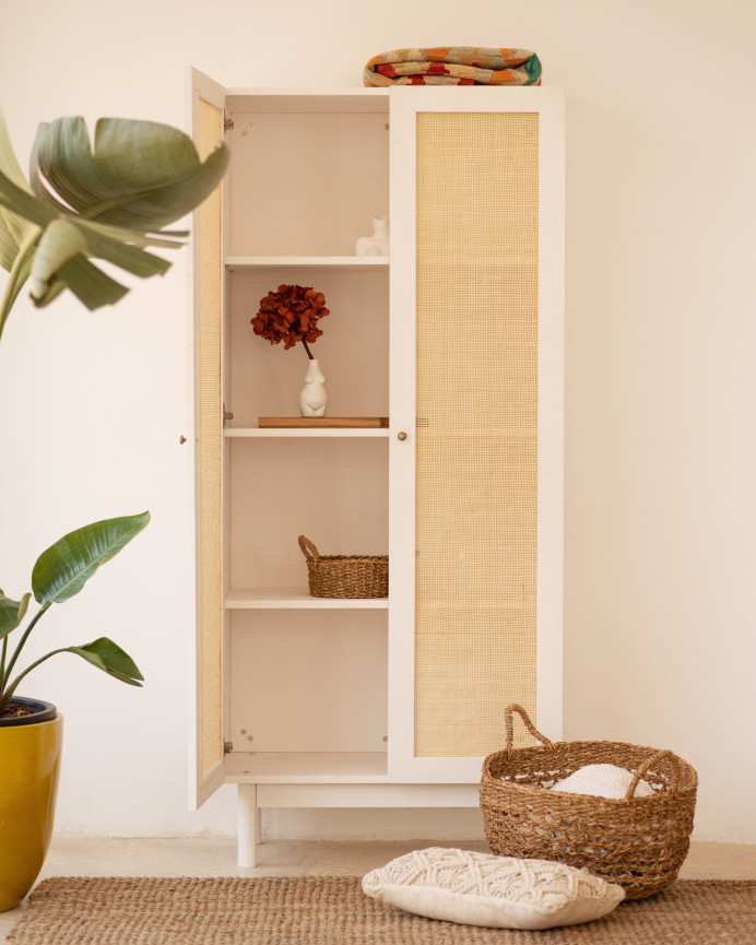 Massiver Holzschrank mit Rattan-Kern in Weiß, Maße 180x80cm