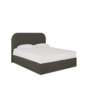 Bett mit dunkelgrauem Bettkasten für Matratzen in verschiedenen Größen.