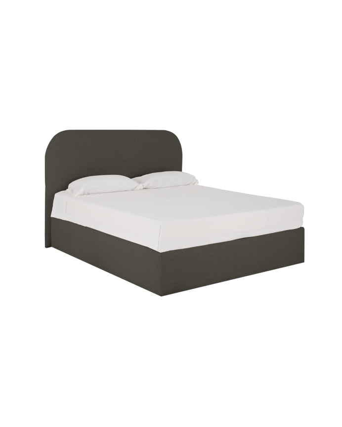 Bett mit dunkelgrauem Bettkasten für Matratzen in verschiedenen Größen.