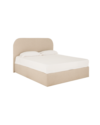 Bett mit beigem Bettkasten für Matratzen in verschiedenen Größen.