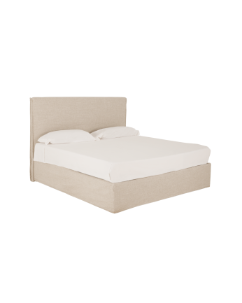 Bett mit abnehmbarem Beigeleinen-Kastenbett für Matratzen verschiedener Größen.