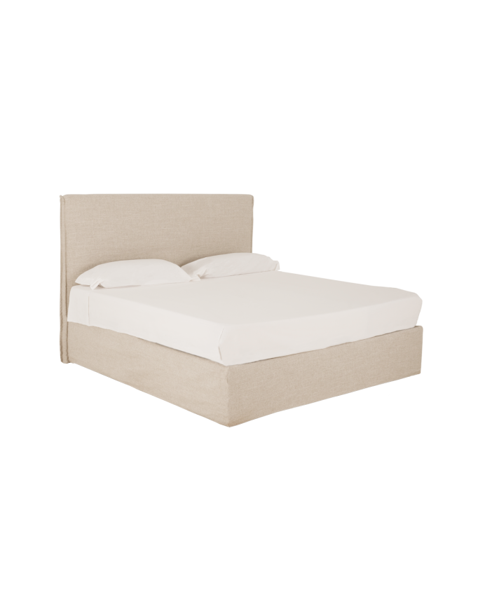 Bett mit abnehmbarem Beigeleinen-Kastenbett für Matratzen verschiedener Größen.