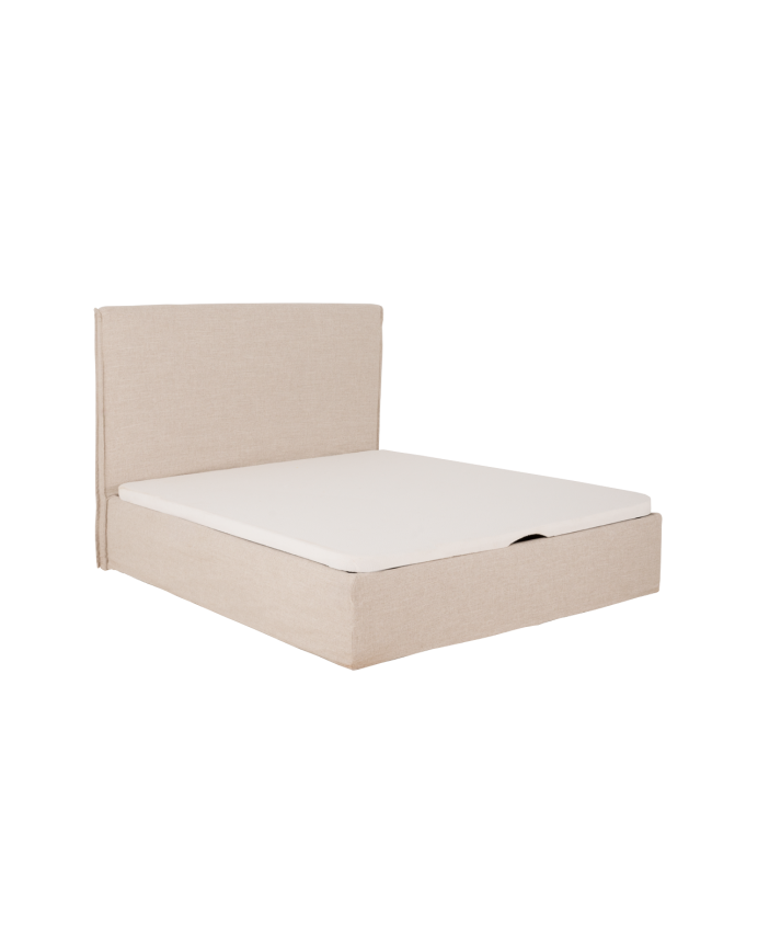 Bett mit abnehmbarem Beigeleinen-Kastenbett für Matratzen verschiedener Größen.