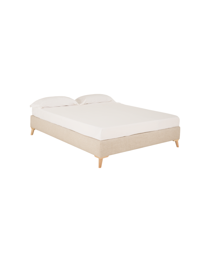 Gepolstertes Bettgestell aus beige Leinen für Matratzen in verschiedenen Größen.