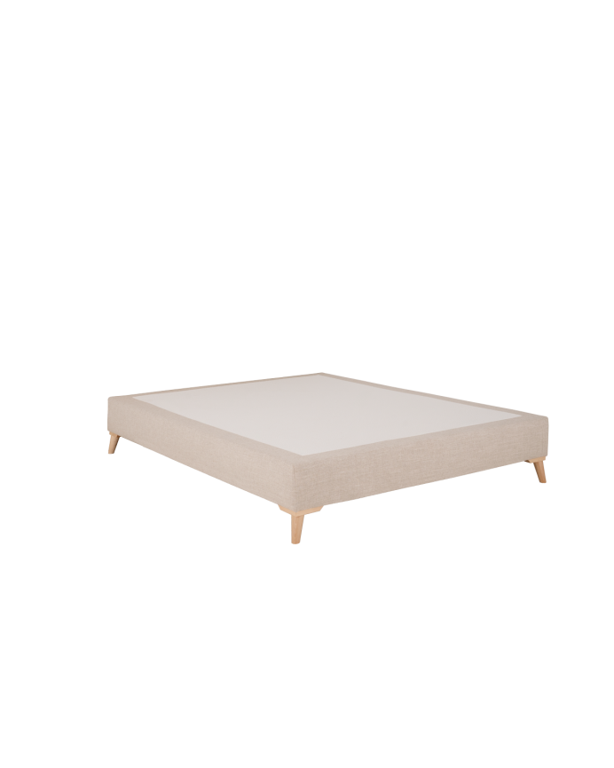 Gepolstertes Bettgestell aus beige Leinen für Matratzen in verschiedenen Größen.