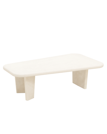 Couchtisch aus Mikrozement mit drei Beinen in gebrochenem Weiß, 100 cm.