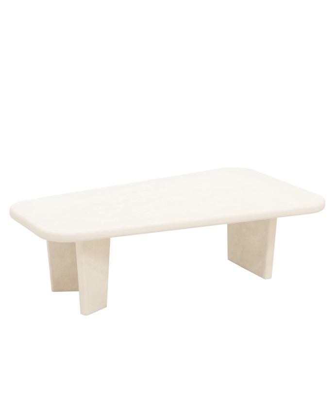Couchtisch aus Mikrozement mit drei Beinen in gebrochenem Weiß, 100 cm.