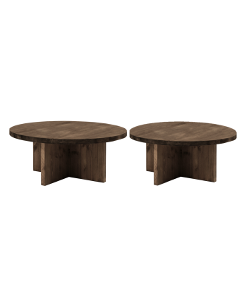 Verpacke 2 runde Massivholz-Couchtische in Nussbaumton 80x80cm.