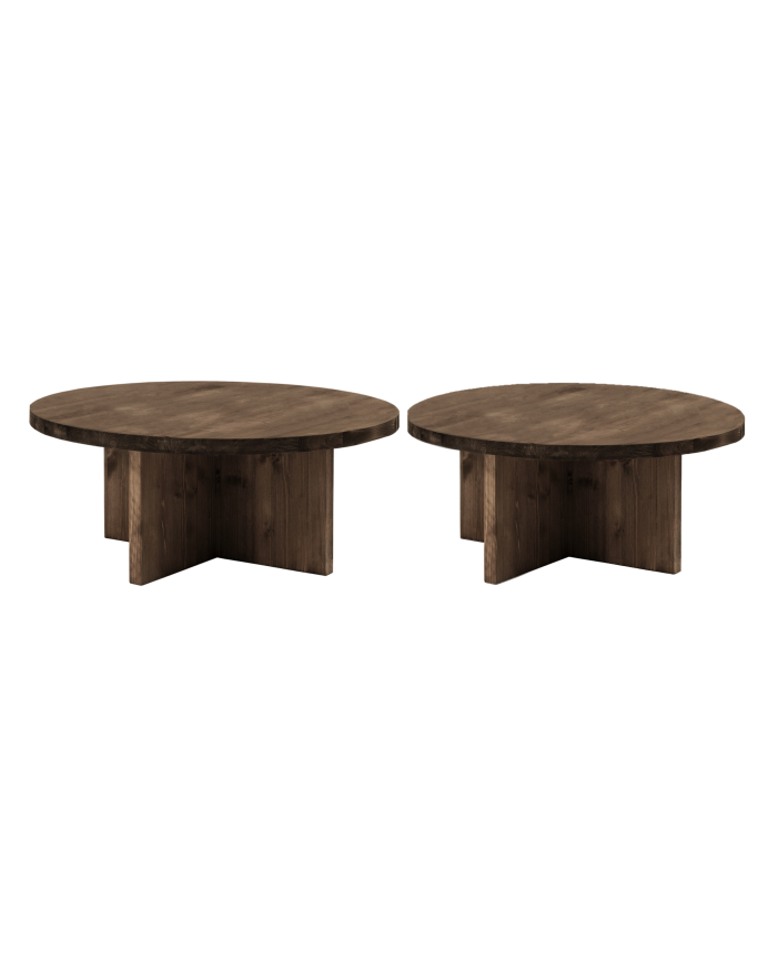 Verpacke 2 runde Massivholz-Couchtische in Nussbaumton 80x80cm.