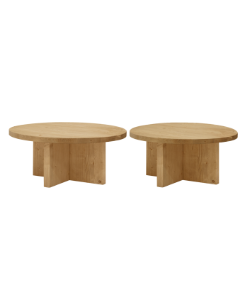 Verpacke 2 runde Massivholz-Couchtische in mittlerer Eichenfarbe 80x80cm.