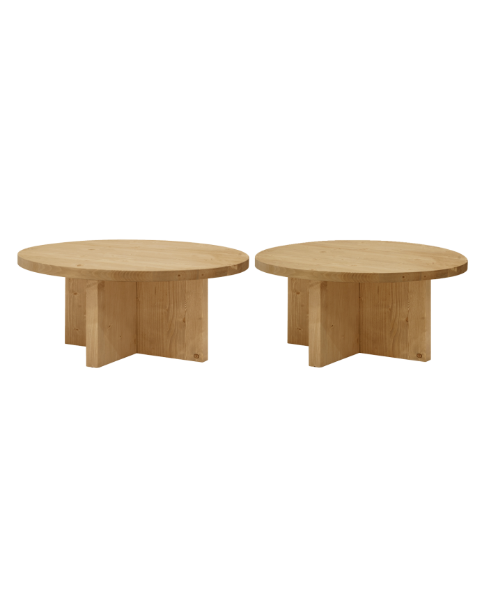 Verpacke 2 runde Massivholz-Couchtische in mittlerer Eichenfarbe 80x80cm.