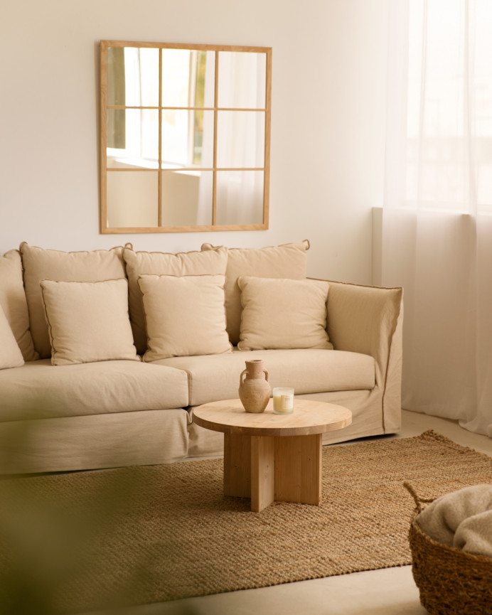 Verpacke 2 runde Massivholz-Couchtische in mittlerer Eichenfarbe 80x80cm.