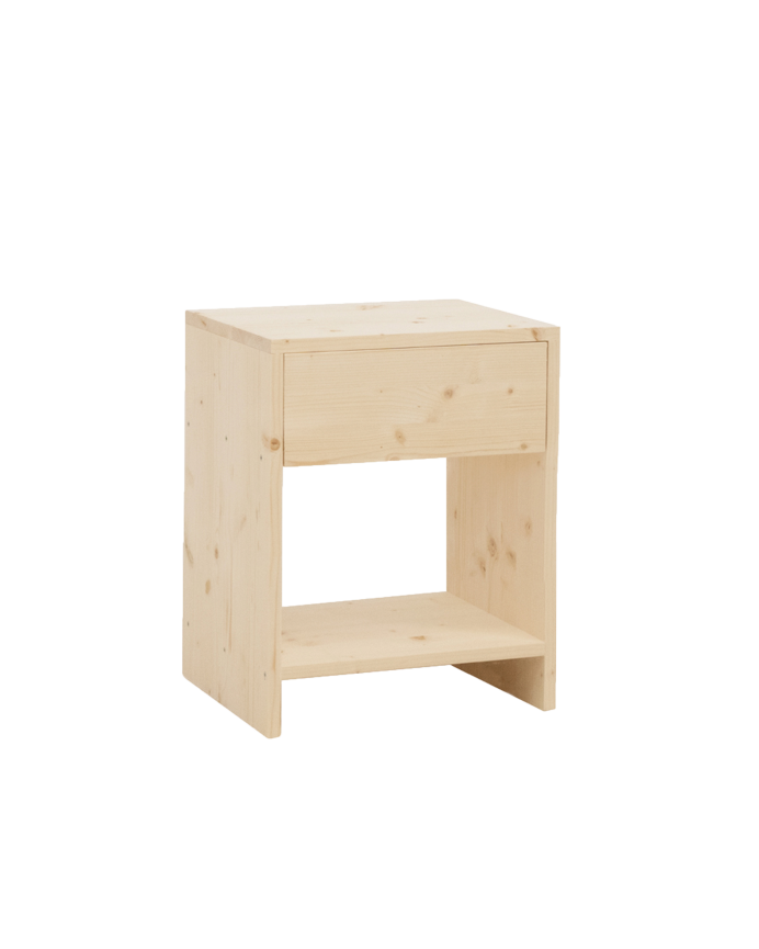 Nachttisch aus massivem Holz mit einer Schublade in natürlicher Farbe in verschiedenen Größen.