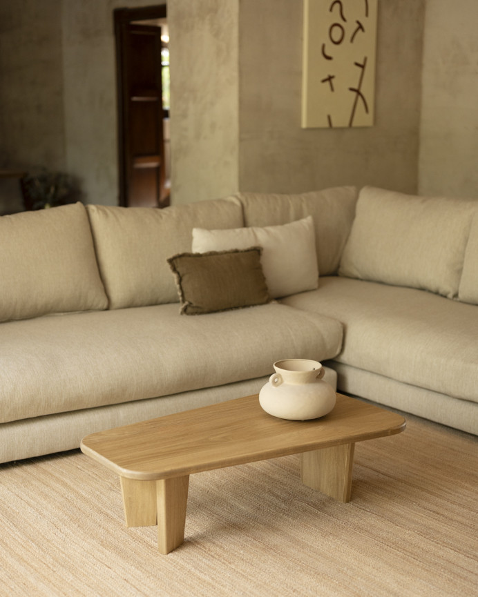 Massiver Eschenholz-Couchtisch mit drei Beinen von 100 cm.