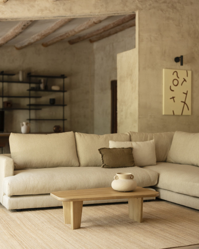 Massiver Eschenholz-Couchtisch mit drei Beinen von 100 cm.