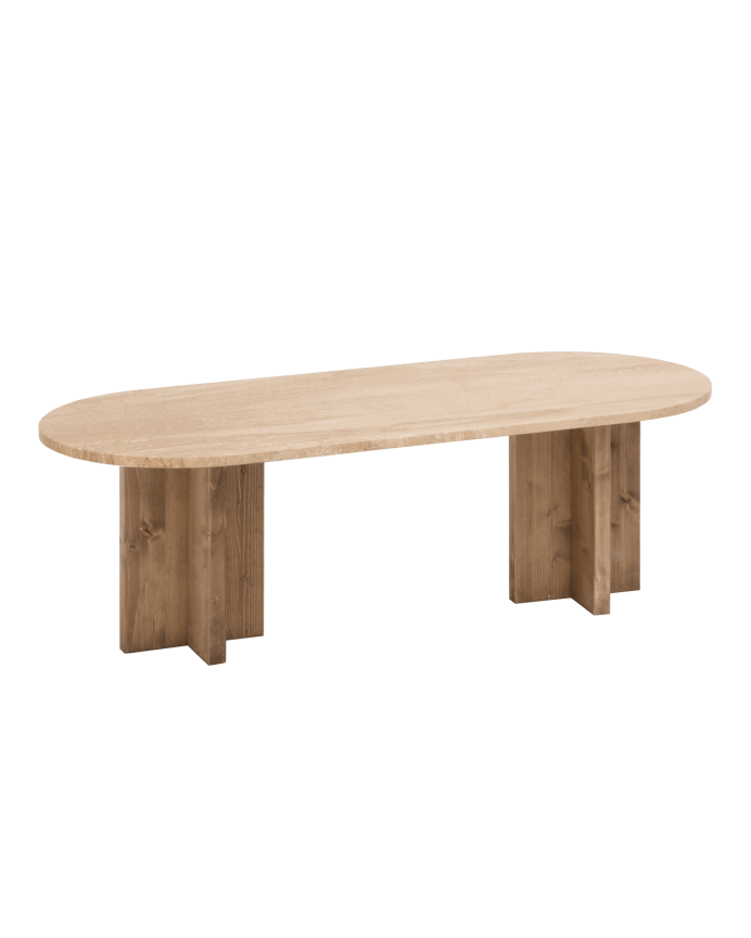 Marmor Couchtisch aus Daino Reale Marmor und Massivholzbeinen, 120x50cm.
