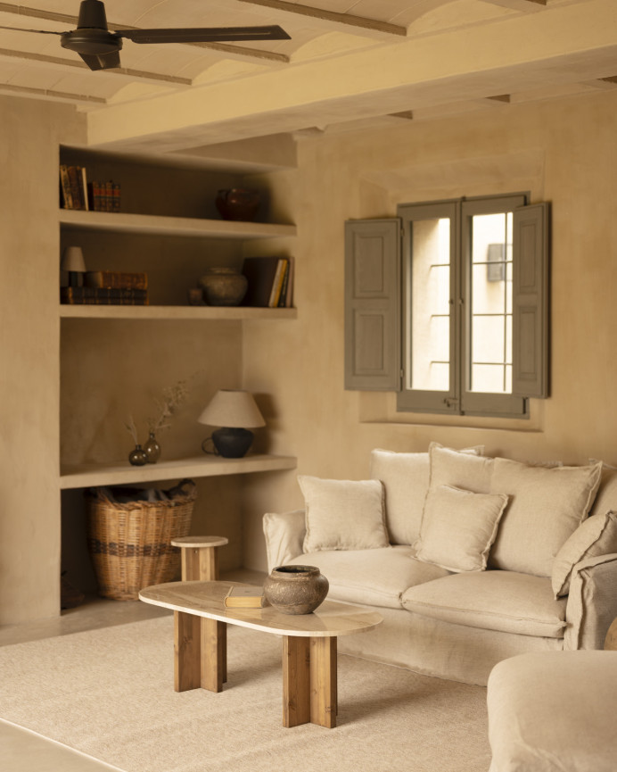 Marmor Couchtisch aus Daino Reale Marmor und Massivholzbeinen, 120x50cm.