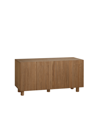 Holzvitrine aus Fichten- und Kiefernholz in dunklem Eichenton, 152x42cm.