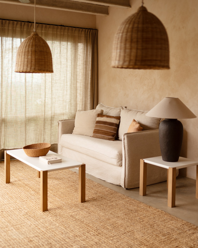 Ausziehbares Schlafsofa aus Baumwolle und Leinen in Beige, abnehmbar, 185x95cm.