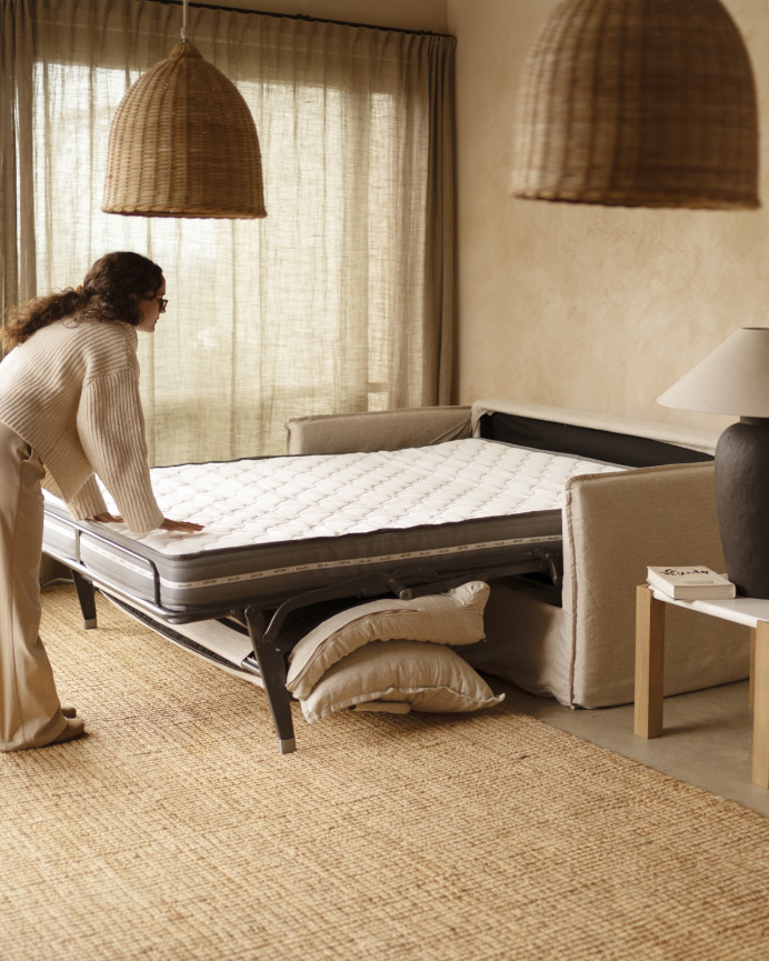 Ausziehbares Schlafsofa aus Baumwolle und Leinen in Beige, abnehmbar, 185x95cm.