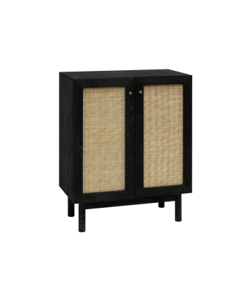 Massivholz-Sideboard mit Rattan-Medullakern mit 2 Türen in Schwarz in den Maßen 100x80 cm.