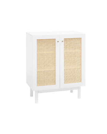 Massivholz-Sideboard mit Rattan-Inlays und 2 Türen in Weiß, 100x80 cm.
