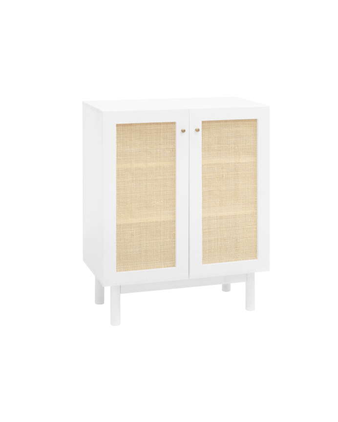 Massivholz-Sideboard mit Rattan-Inlays und 2 Türen in Weiß, 100x80 cm.