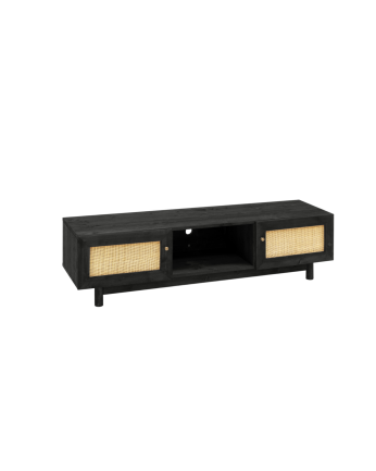 TV-Möbel aus Massivholz und Rattan mit 2 Türen in Schwarz in den Maßen 150x40cm.