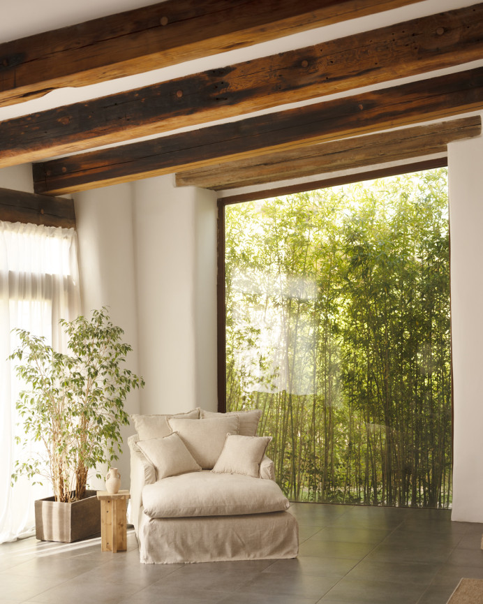 Sofa aus beige-farbenem Baumwoll- und Leinengarn in der Größe 115x170cm