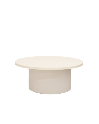 Runder Mikrozement-Couchtisch in gebrochenem Weiß mit einem Durchmesser von 80x33cm.