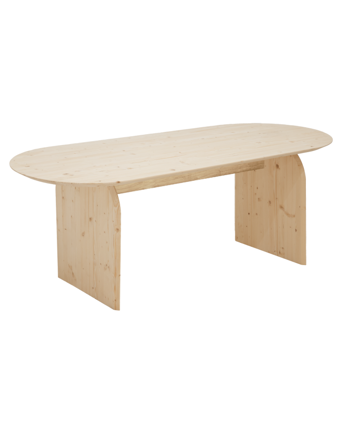 Ovaler Esstisch aus massivem Holz in natürlicher Farbe in verschiedenen Größen.