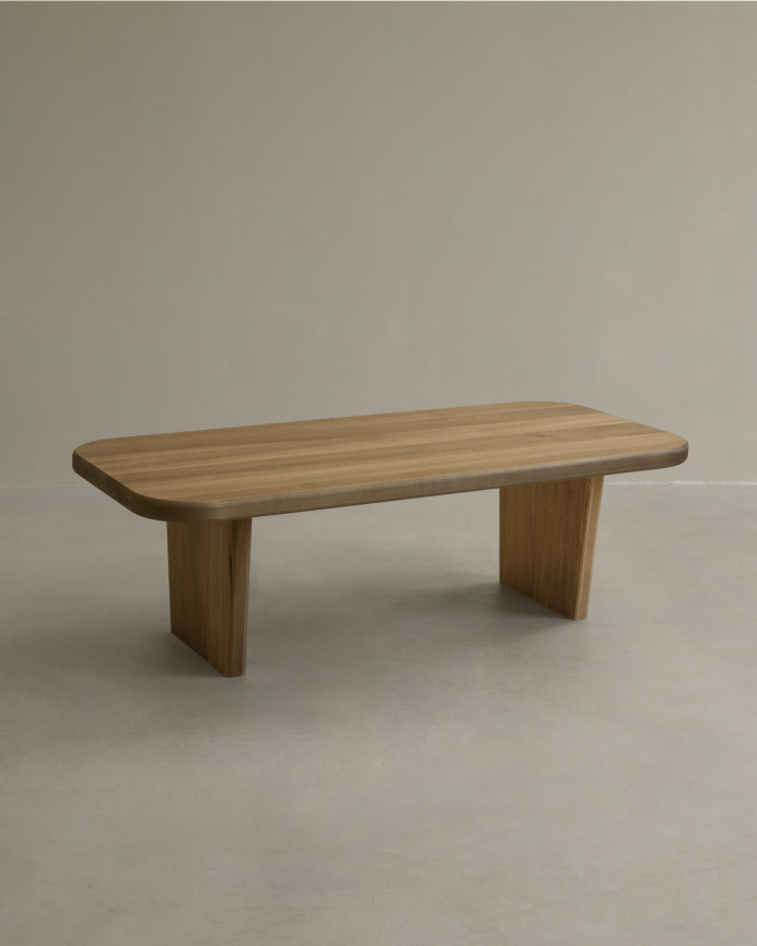Massivholz-Couchtisch aus Pappelholz mit zwei Beinen von 95 cm.