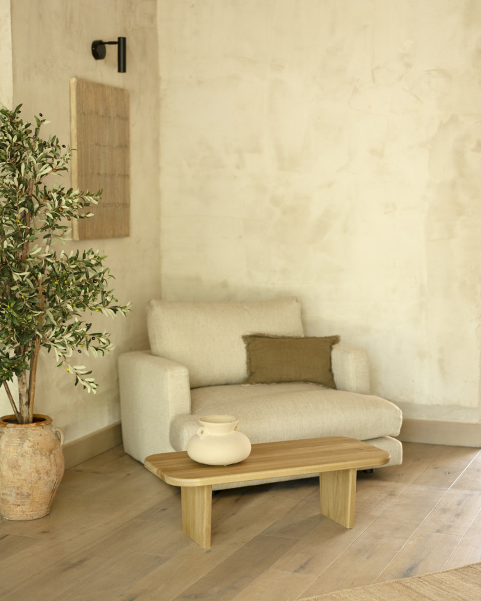 Massivholz-Couchtisch aus Pappelholz mit zwei Beinen von 95 cm.