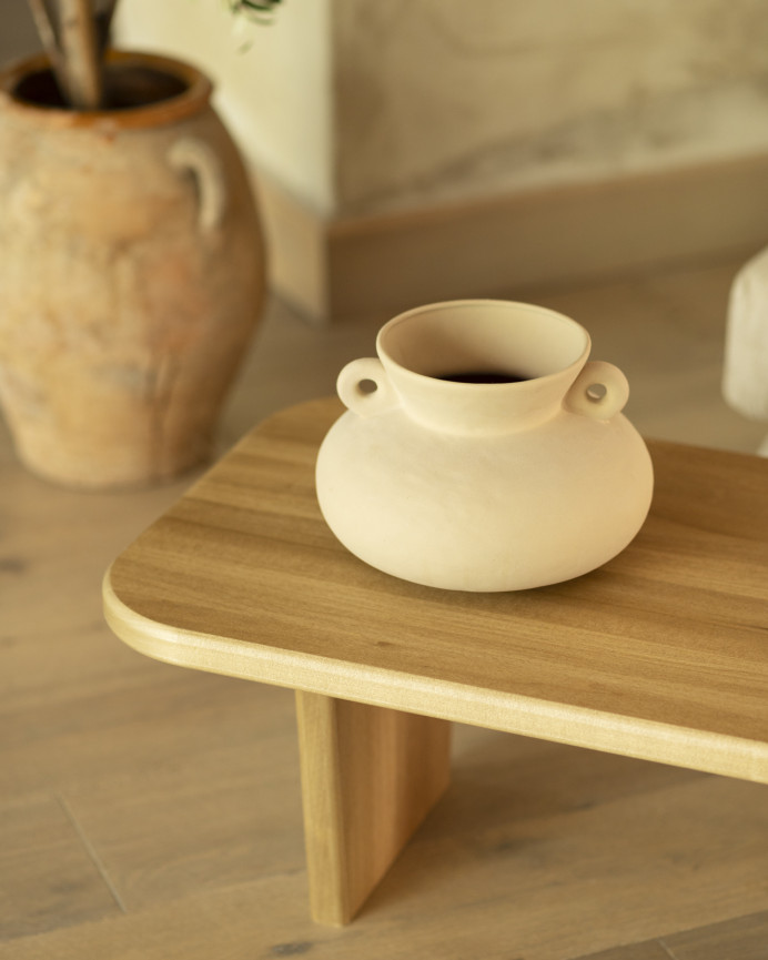 Massivholz-Couchtisch aus Pappelholz mit zwei Beinen von 95 cm.