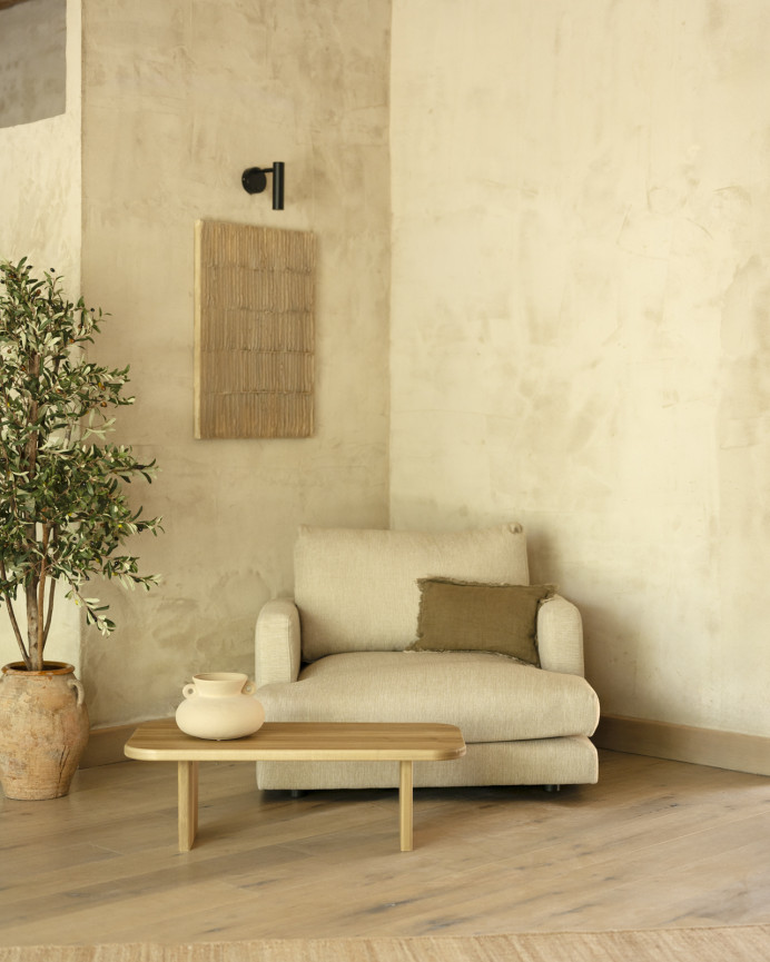 Massivholz-Couchtisch aus Pappelholz mit zwei Beinen von 95 cm.