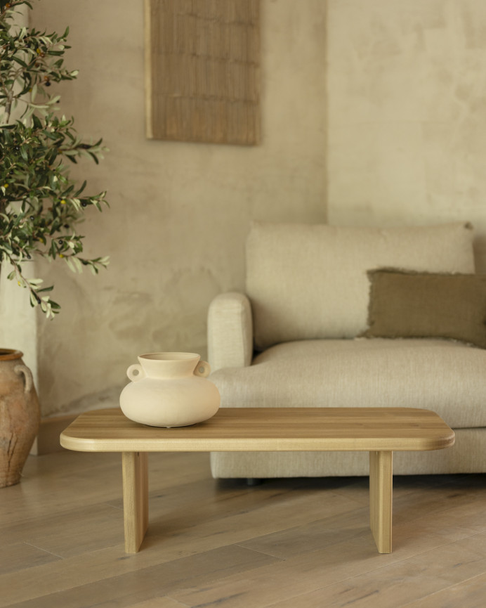Massivholz-Couchtisch aus Pappelholz mit zwei Beinen von 95 cm.