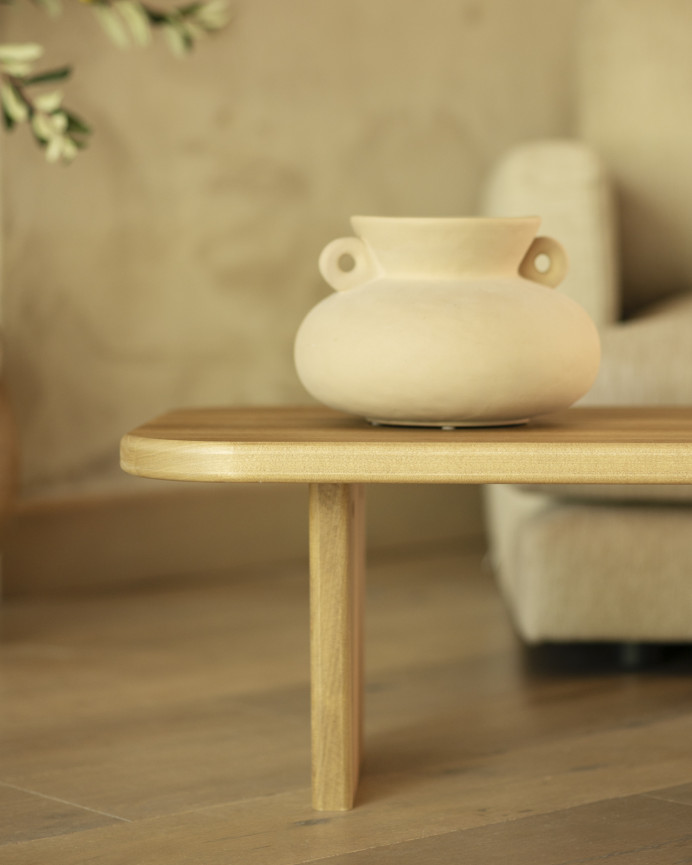 Massivholz-Couchtisch aus Pappelholz mit zwei Beinen von 95 cm.