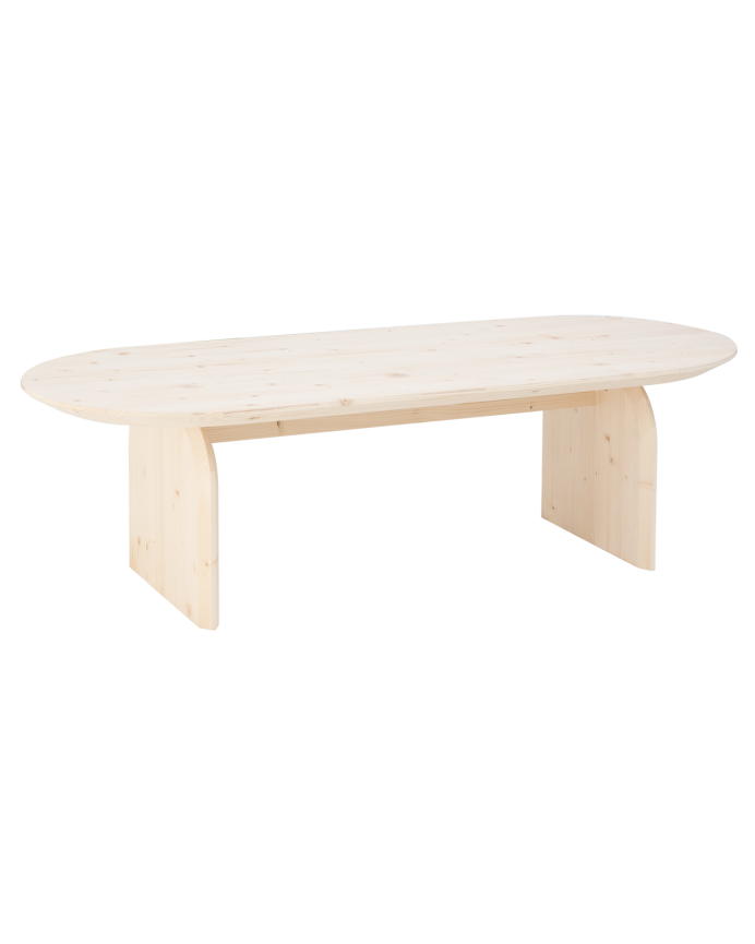 Ovale Massivholz-Couchtisch in natürlicher Farbe in verschiedenen Größen.