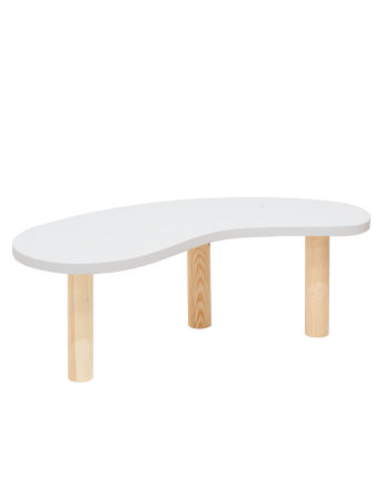 Couchtisch aus massivem Holz in organischen Formen in Weiß und Beinen in natürlicher Farbe, in verschiedenen Größen.