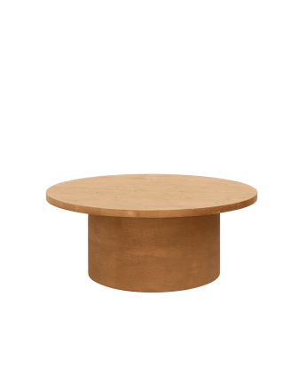 Runder Massivholz-Couchtisch in mittlerem Eichenton und Microcement-Terrakotta-Pedestal in 80x33cm.
