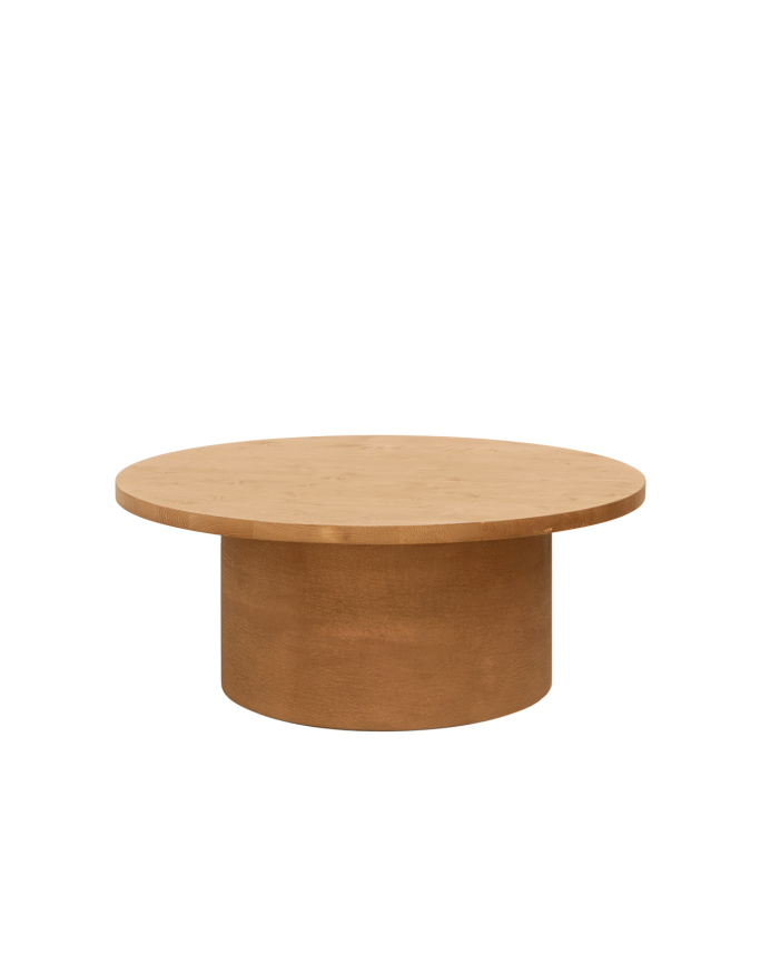 Runder Massivholz-Couchtisch in mittlerem Eichenton und Microcement-Terrakotta-Pedestal in 80x33cm.