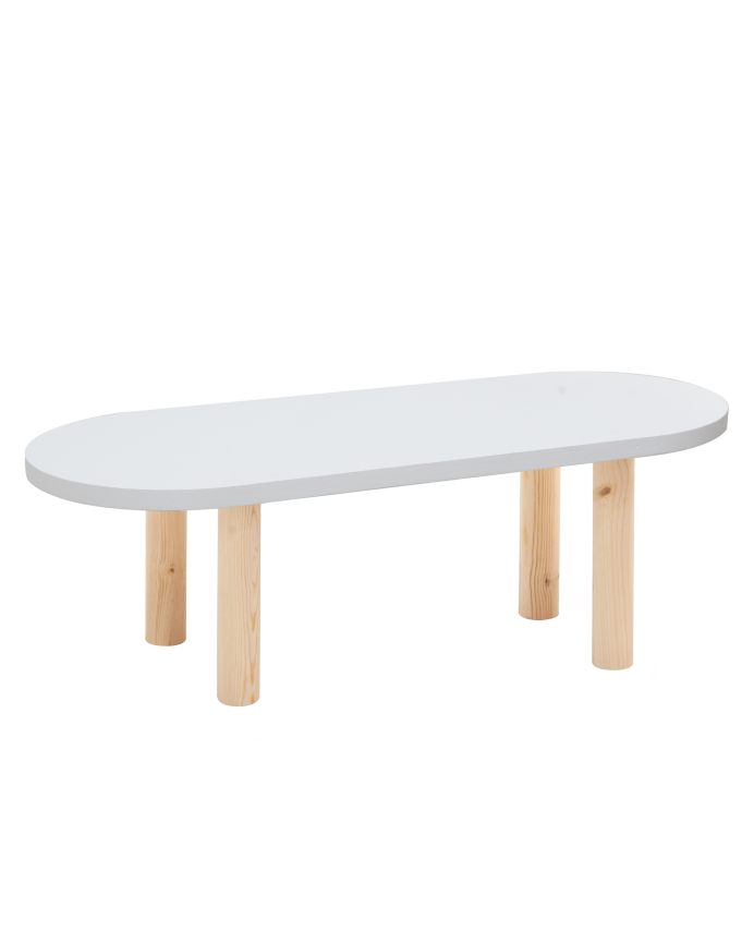 Ovaler Massivholz-Couchtisch in Weiß mit natürlichen Beinen, 40x120 cm.