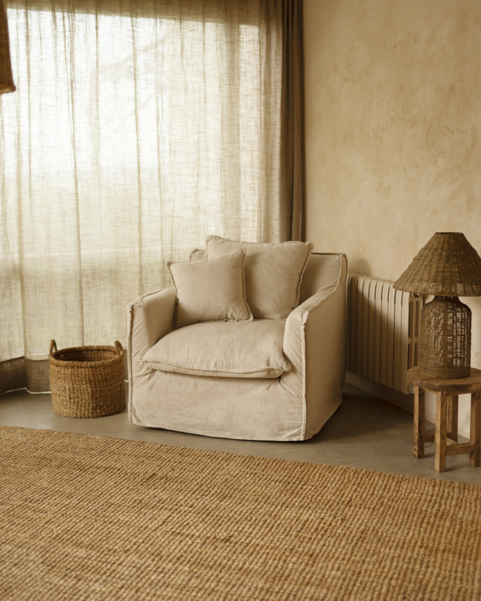 Baumwoll- und Leinensofa in beige, abziehbar, 98x90cm.