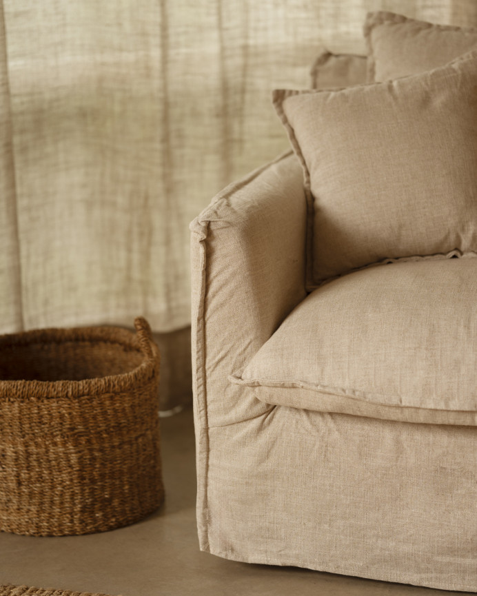 Baumwoll- und Leinensofa in beige, abziehbar, 98x90cm.