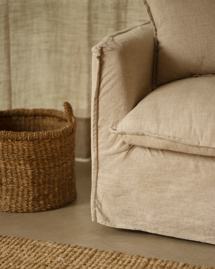 Baumwoll- und Leinensofa in beige, abziehbar, 98x90cm.