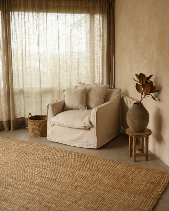 Baumwoll- und Leinensofa in beige, abziehbar, 98x90cm.